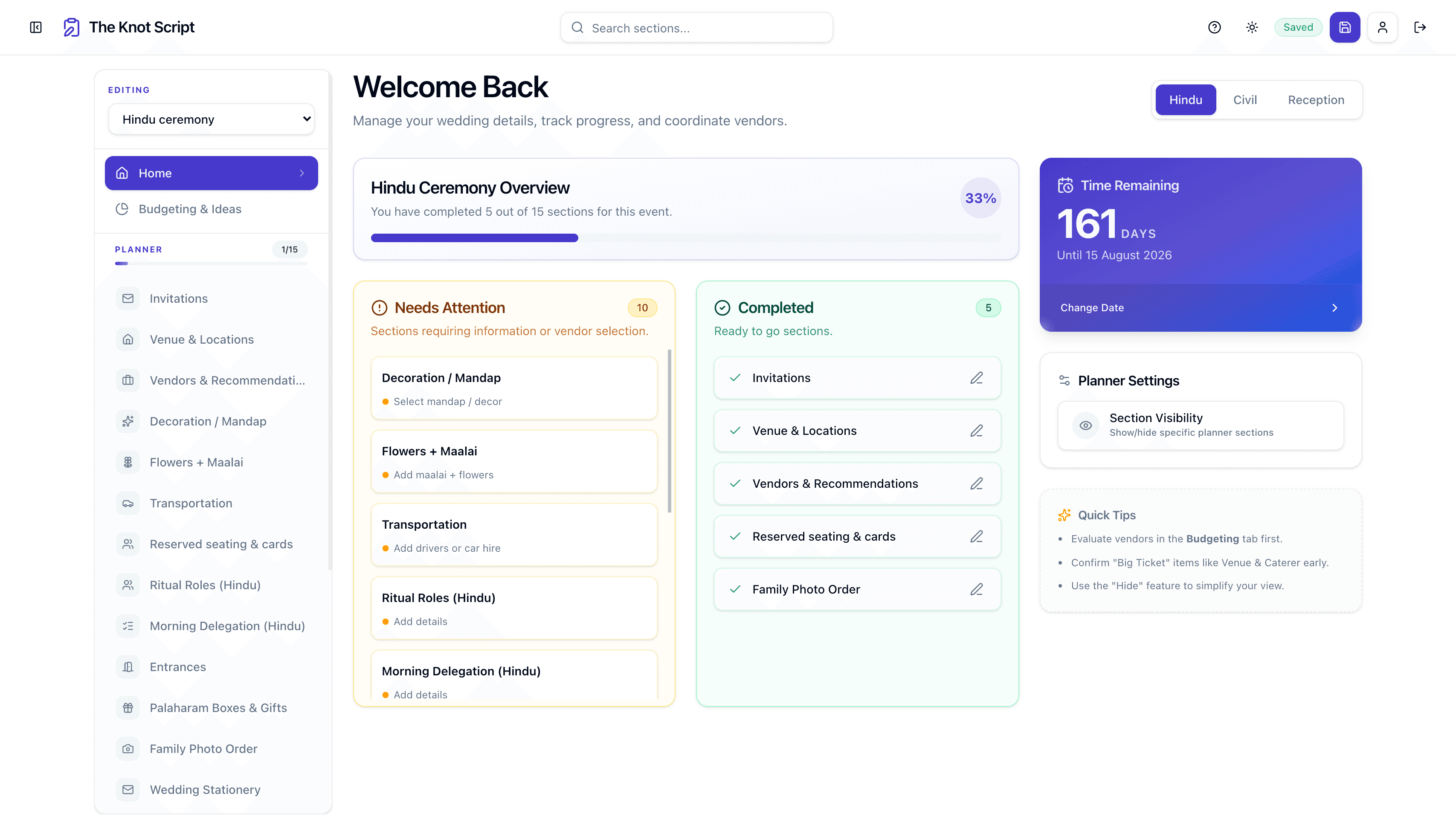 The Knot Script planning dashboard with ceremony timeline and vendor tracking