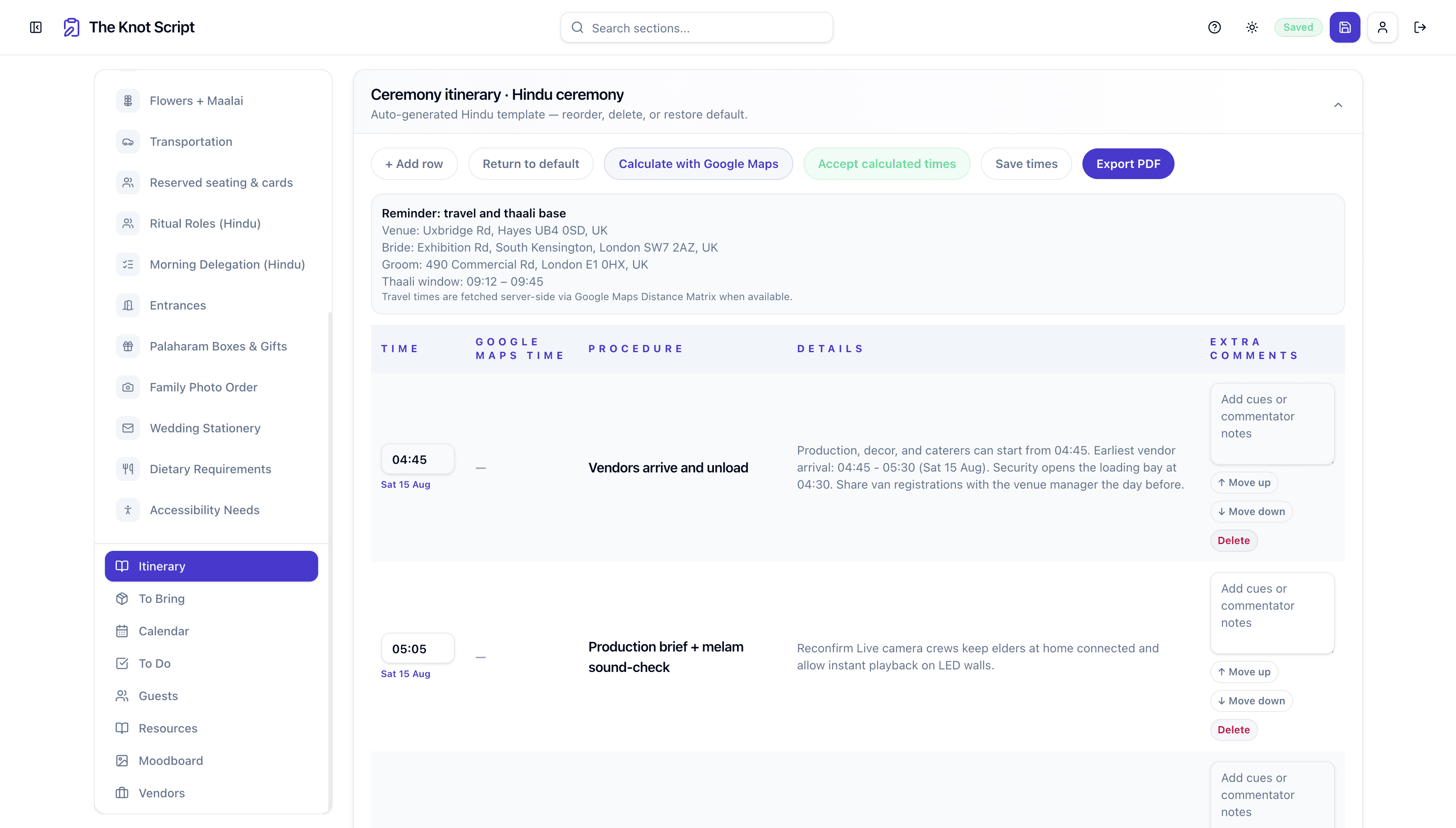 Live itinerary builder showing ceremony events and timings